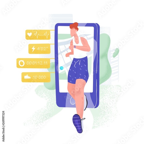 Jogging athlete, sprinter or sportsman walking out of smartphone and health i...