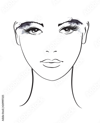 Beautiful young woman with makeup on eyes. Fashion sketch. Fashion girls face. Hand-drawn fashion model. Woman face on a white background. Cosmetics. Smoky eyes.