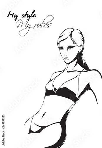 Beautiful young woman  in underwear. Fashion sketch. Fashion girl  in a bathing suit. Hand-drawn fashion model. Sexy woman on white background. Healthy lifestyle.