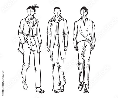 Stylish handsome mans in fashion clothes. Hand drawn beautiful young mens. Stylish mens. Fashion mens sketch. Fashion men model.