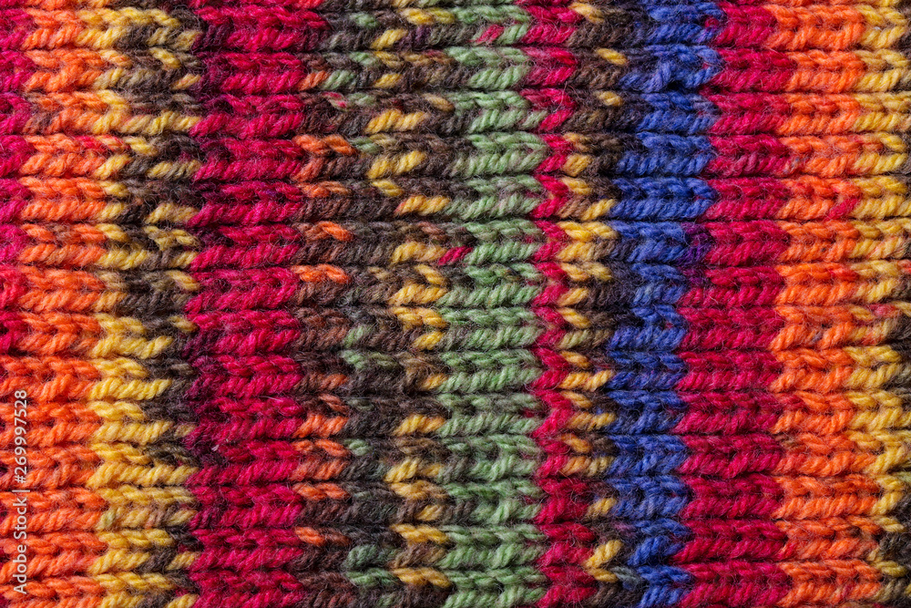 Colorful knitted wool texture background pattern with high resolution. Top view. Copy space.