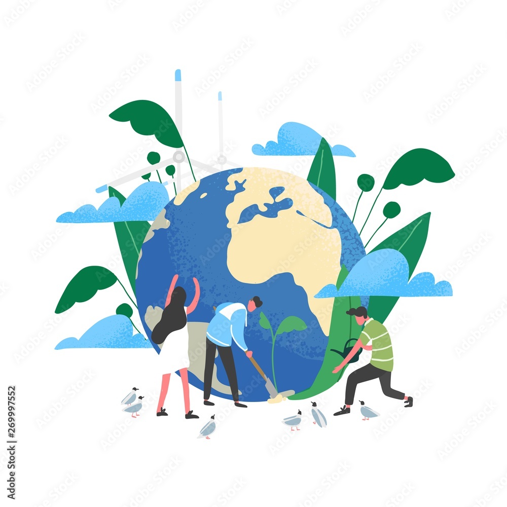 Group of people or ecologists taking care of Earth and saving planet. Environmental protection, use of eco friendly or sustainable technology, green renewable energy. Flat vector illustration. - obrazy, fototapety, plakaty 