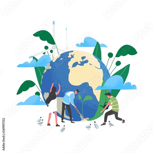 Group of people or ecologists taking care of Earth and saving planet. Environmental protection, use of eco friendly or sustainable technology, green renewable energy. Flat vector illustration.