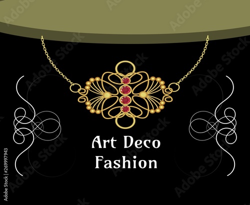 Art deco necklace with ruby pendant, isolated object on black background, art noveau style, victorian fashion, vector design