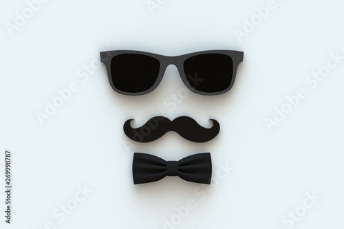 Happy Father’s Day concept with mustache and glasses on white background, Top view with copy space, 3d rendering