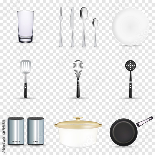 Pan vector kitchenware or cookware for cooking food with kitchen utensil cutlery and plate illustration set of dishware and frying-pan or pot isolated on transparent background. vector illustration