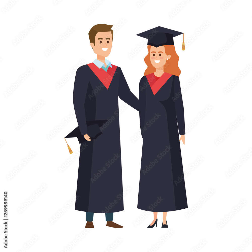 young couple students graduated characters young couple students graduated characters