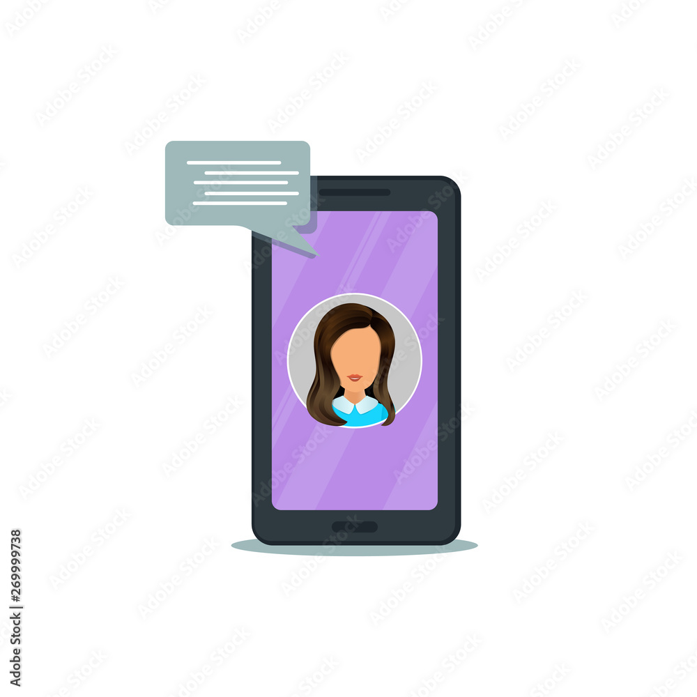 Mobile phone with online chatbot and chat speech bubbles isolated on white background, flat design of smartphone with alert and virtual assistant woman chatting, push notifications, talking, dialog Mobile phone with online chatbot and chat speech bubbles isolated on white background, flat design of smartphone with alert and virtual assistant woman chatting, push notifications, talking, dialog