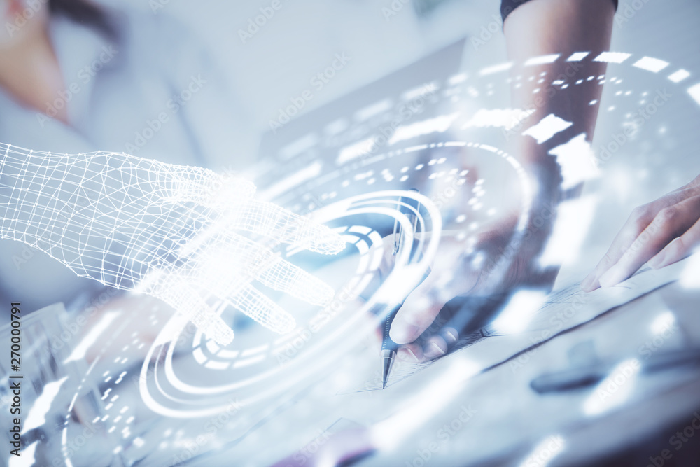 Double exposure of woman's writing hand on background with data technology hud. Big data concept. Double exposure of woman's writing hand on background with data technology hud. Big data concept.