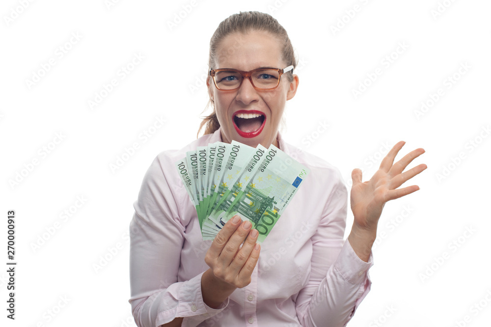 Portrait of young woman holding 100 euro cash fan Portrait of young woman holding 100 euro cash fan