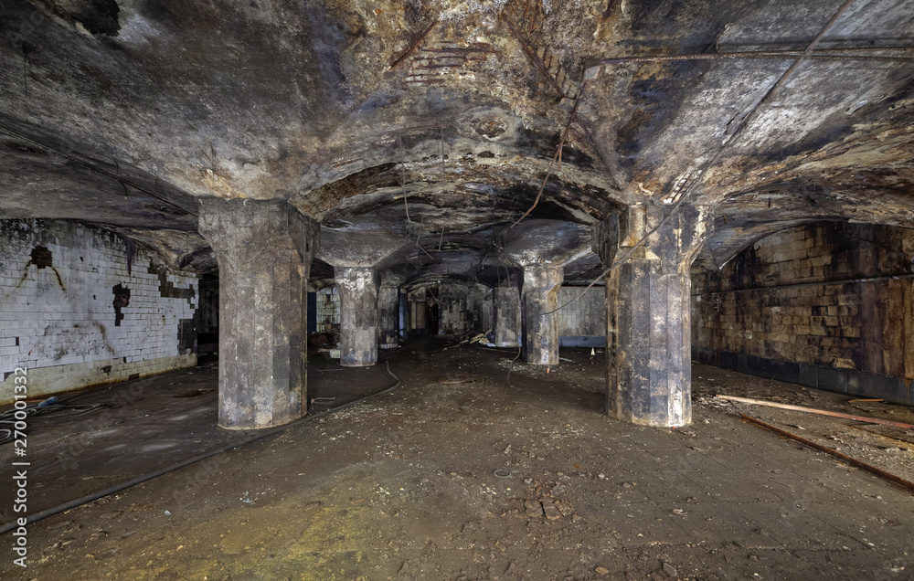 Interior of an abandoned underground wine warehouse of the 19th century. Room with columns