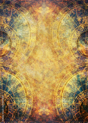 Old clock and zodiac collage. Abstract color background.