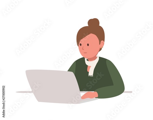 Cute teenage girl sitting at laptop computer and studying hard isolated on wh...