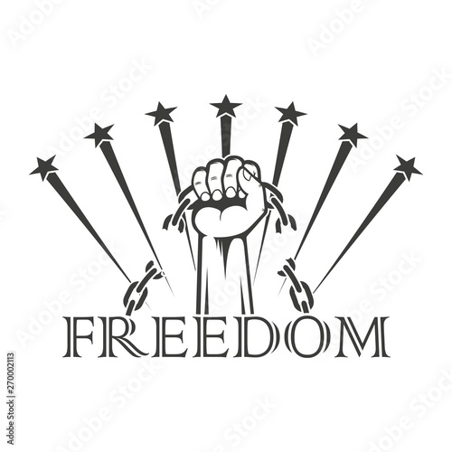 Εκτύπωση καμβά Black and white illustration of a hand with a broken chain salute and text