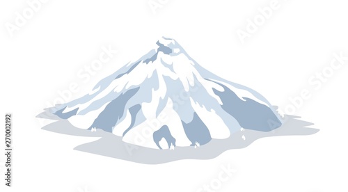 Inactive or dormant volcano covered by snow, ice or glacier isolated on white background