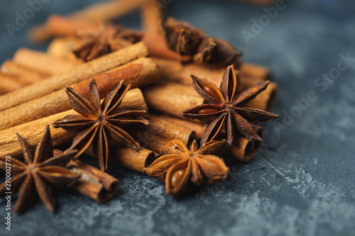 Cinnamon and anise group on a dark concrete background
