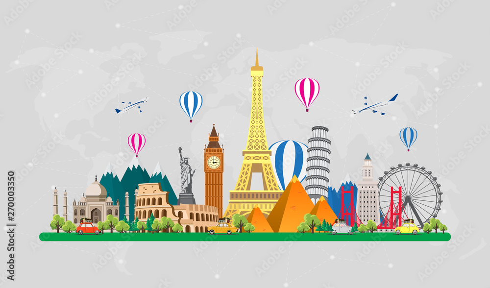 Travel to World. Road trip. Big set of famous landmarks of the world. Time to travel, tourism, summer holiday. Different types of journey. Flat design vector illustration