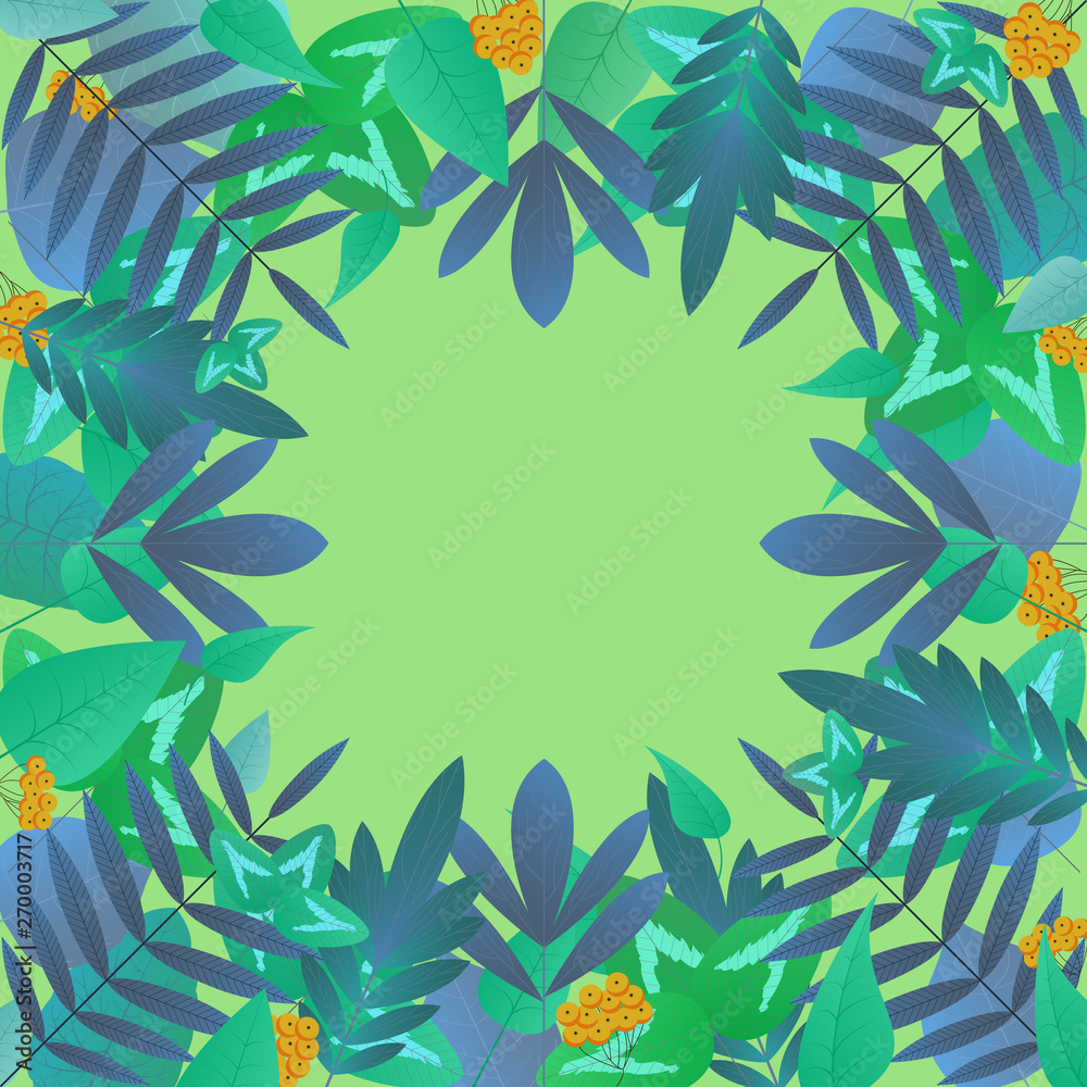 Square frame of blue-green leaves and bunches of mountain ash on a green background. Set of leaves of different tree species. Elements under the clipping mask are convenient to use. Square frame of blue-green leaves and bunches of mountain ash on a green background. Set of leaves of different tree species. Elements under the clipping mask are convenient to use.