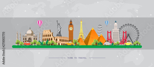 Travel to World. Road trip. Big set of famous landmarks of the world. Time to travel, tourism, summer holiday. Different types of journey. Flat design vector illustration