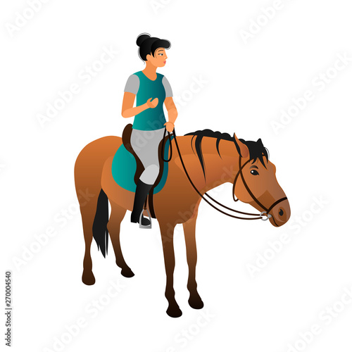 A young girl riding a red horse with a black mane. A woman in a t-shirt, breeches and boots sits in the saddle on a mare of bay suit. Color vector illustration on white background, flat cartoon style. © Azalita