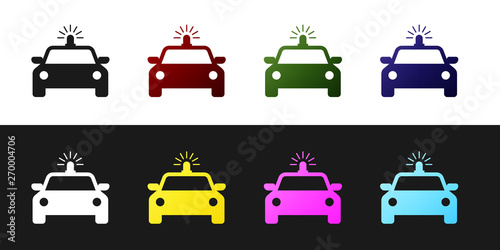 Set Police car and police flasher icon isolated on black and white background. Emergency flashing siren. Vector Illustration