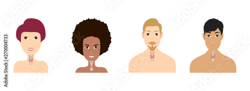 Thyroid gland and trachea scheme shown on a silhouette of a men and women. Human body organs anatomy icon. Medical concept. Vector illustration