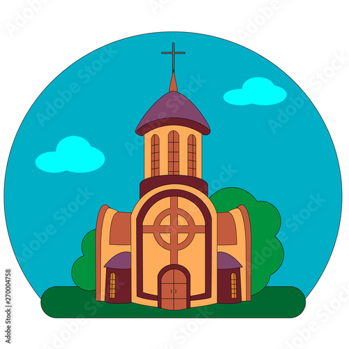 The building of the church or monastery on the background of the landscape of summer blue sky and green grass and trees in the style of an icon or logo to release and faith,religious concept.Vector