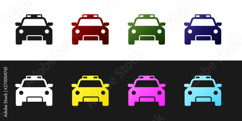 Set Police car and police flasher icon isolated on black and white background. Emergency flashing siren. Vector Illustration