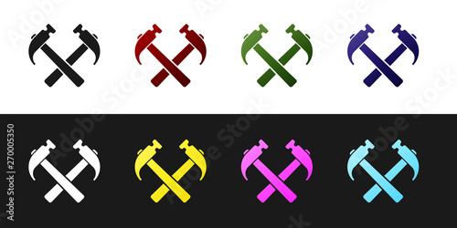 Set Two crossed hammers icon isolated on black and white background. Tool for repair. Vector Illustration