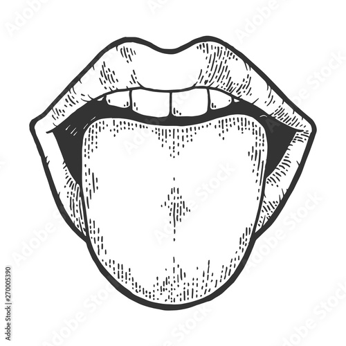 Tongue showing out of mouth sketch engraving vector illustration. Scratch board style imitation. Black and white hand drawn image.