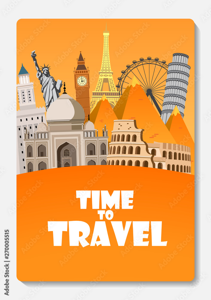 Obraz premium Travel to World. Road trip. Big set of famous landmarks of the world. Time to travel, tourism, summer holiday. Different types of journey. Flat design vector illustration