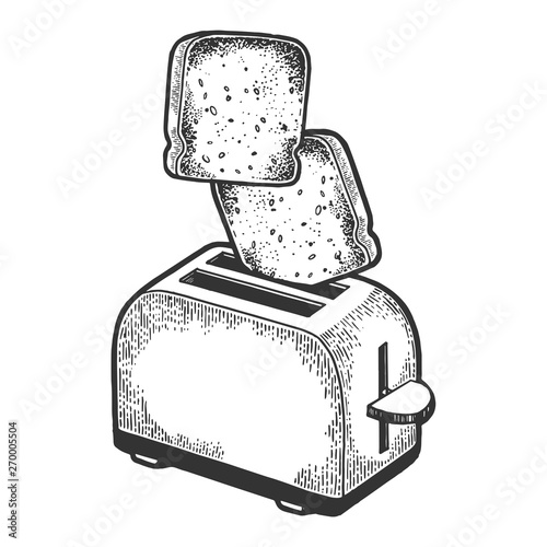 Toaster with flying out bread toast crouton sketch engraving vector illustration. Scratch board style imitation. Black and white hand drawn image.
