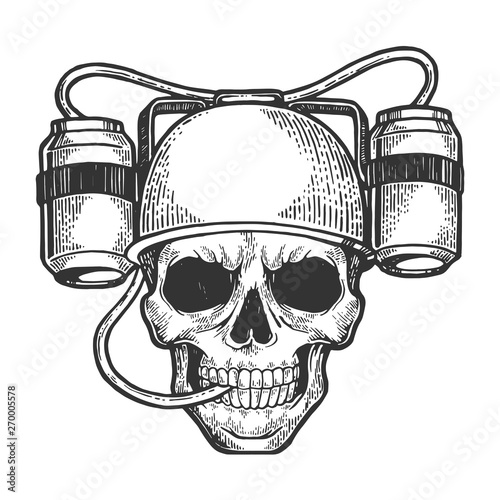 Human skull in beer soda helmet drinker sketch engraving vector illustration. Scratch board style imitation. Hand drawn image.