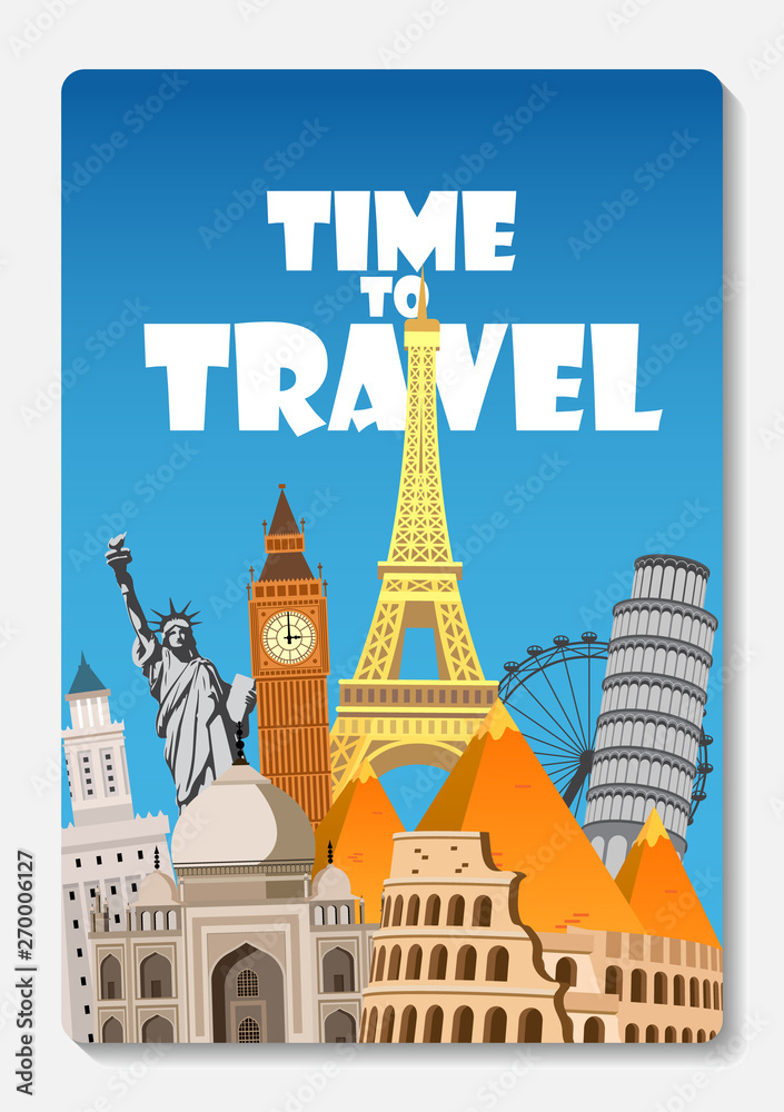 Fototapeta premium Podróż do świata. Podróż samochodem. Duży zbiór znanych zabytków świata. Czas na podróże, turystyka, wakacje. Różne rodzaje podróży. Ilustracja wektorowa Płaska konstrukcja