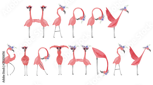 Hand drawn watercolor flamingos. Flamingo Happy Birthday lettering