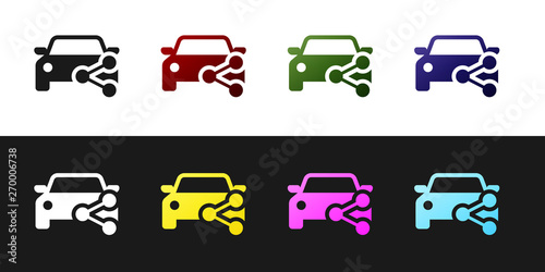 Set Car sharing icon isolated on black and white background. Carsharing sign. Transport renting service concept. Vector Illustration