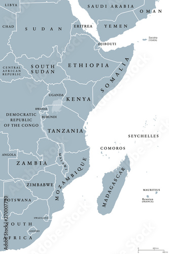 East Africa region, political map. Area with borders. Easterly region of the African continent, also called Eastern Africa. Gray illustration on white background. Vector.