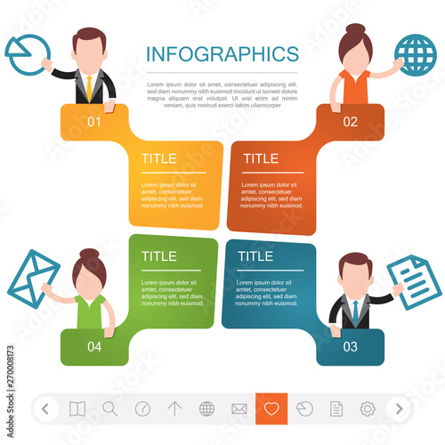 Vector abstract template infographic with icon cartoon figure business man and woman. Icon set. Isolated on white background.