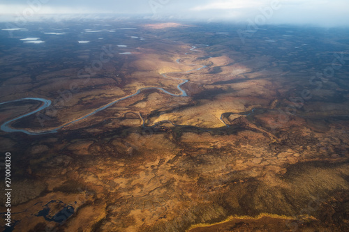 Autumn tundra view from helicopter