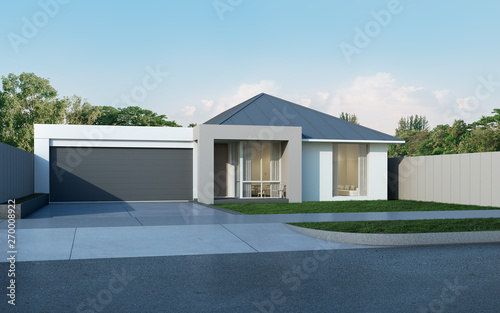 View of modern house in Australian style on blue sky background,Contemporary residence with metal sheet roof design- housing. 3D rendering.