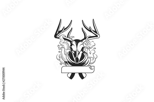 skull of a deer with a scarf, tattoo style, deer smokes, smoke. - vector