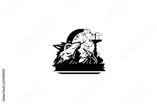 wolf smokes hookah, wolf hookah, logo with an isolated wolf and hookah, exhales smoke - vektor