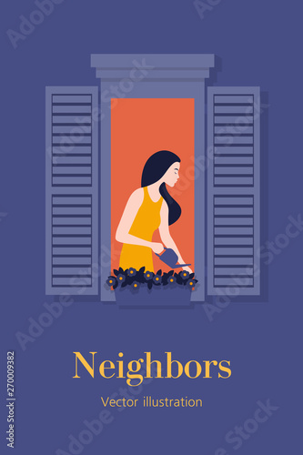 The girl in the window watering the flowers. Neighborhood. Warm summer evening. Postcard. European architecture. Vector flat illustration