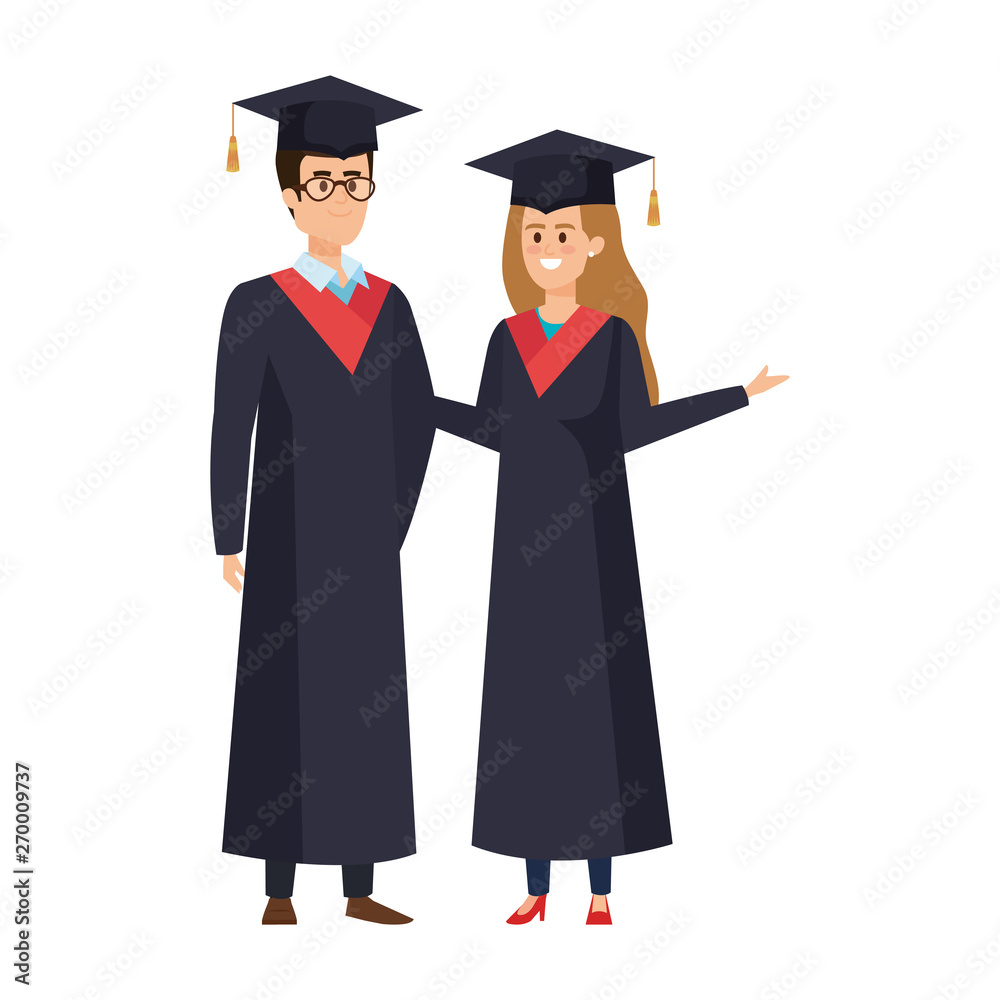 young couple students graduated characters young couple students graduated characters