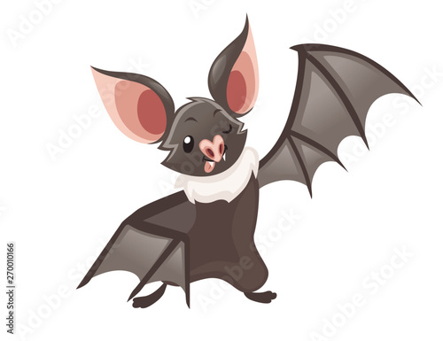 Cartoon bat. Cute vampire bat, flying mammal. Flat vector illustration isolated on white background. Cartoon character design. Bat flapping wing, waving hand