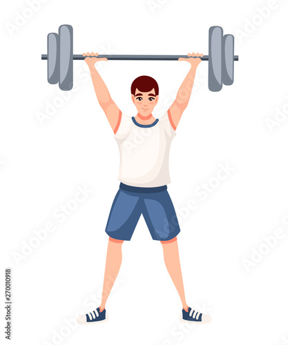 Strong bodybuilder sportsman lifting heavyweight barbell over his head cartoon character design flat vector illustration