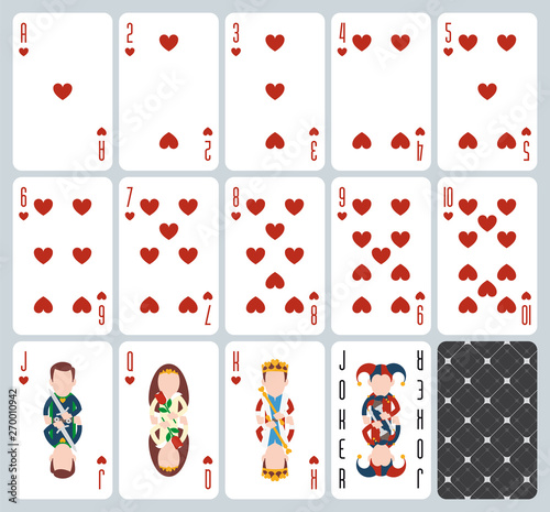 Poker playing cards of Hearts suit. Blue background. Original design deck. Vector illustration