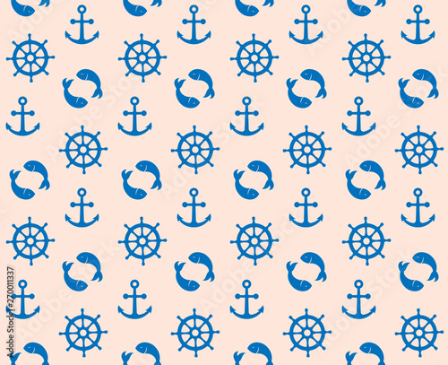 Marine cute pattern with fish anchor and handwheel seamless