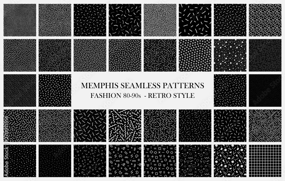 Big black vector collection of memphis seamless patterns. Fashion design 80-90s. Black and white trendy textures. - obrazy, fototapety, plakaty 