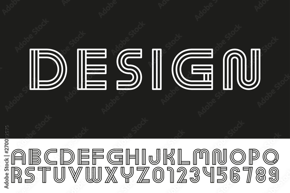 Modern designer linear font. Trendy english alphabet. Striped latin letters and numerals - digital minimalistic style.